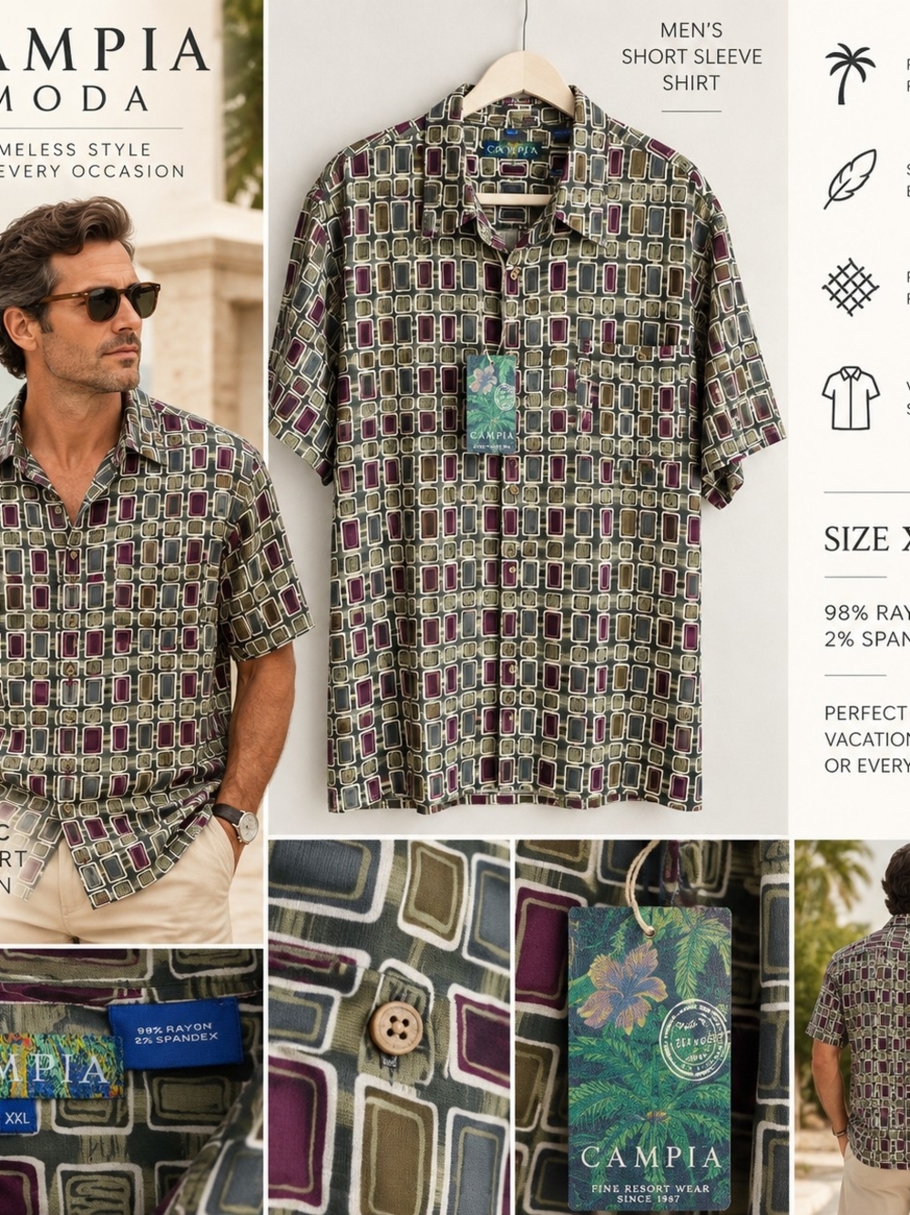 Campia Moda Men XXL Hawaiian Shirt Abstract Geometric Rayon Stretch NWT